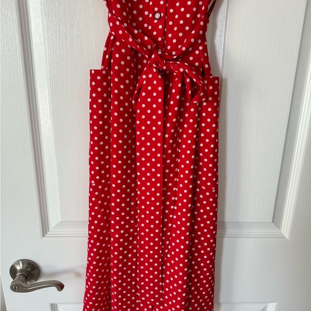 Red & White Light/Breezy Button Polka Dot Dress Size Large (ties around waist) - Picture 3 of 10